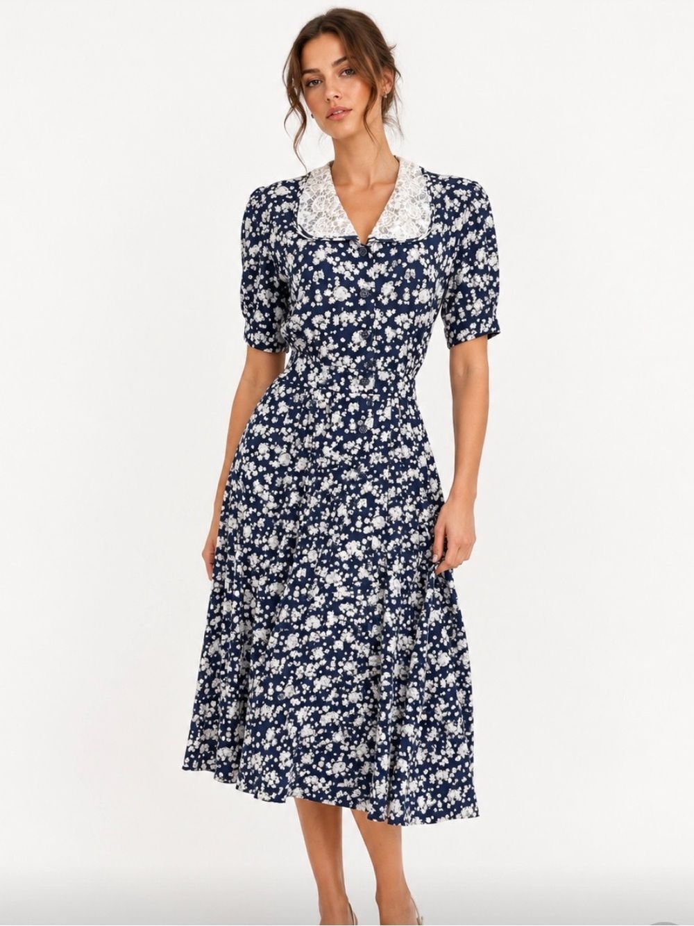 VINTAGE 90's Cottagecore Milkmaid Navy Floral Lace-Collar Midi Dress Size 8